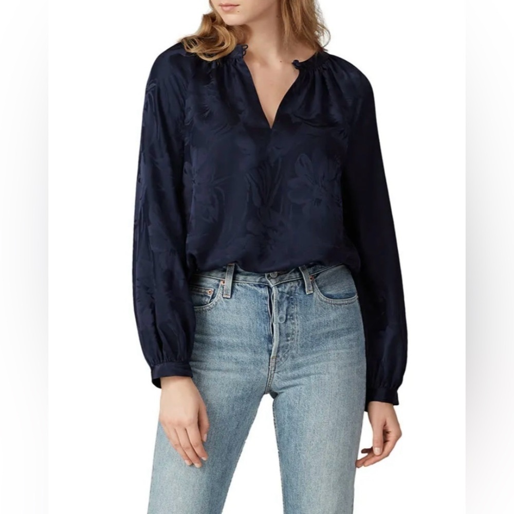 Tanya Taylor Navy Blue Floral Amy Silk Blouse